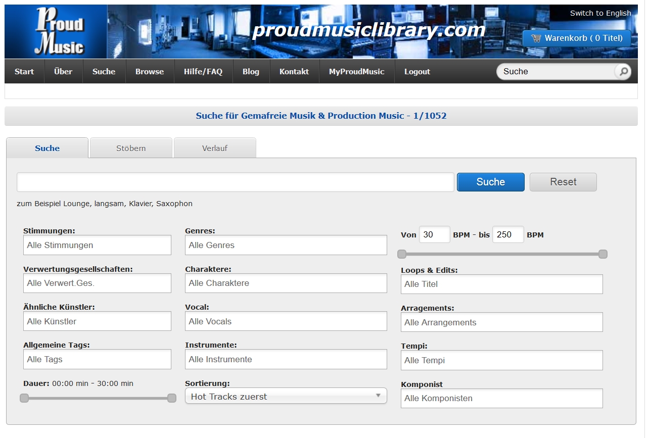 In der Proud Music Library nach Stock Music suchen