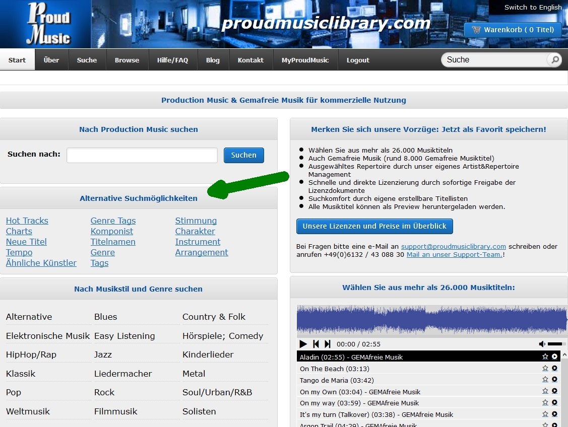 mit schnellerer und übersichtlicher Navigation um Stock Music und gemafreie Musik zu finden