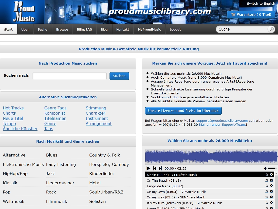 Die neue Startseite der Proud Music Library - Bessere Suche nach Stock Music und gemafreier Musik