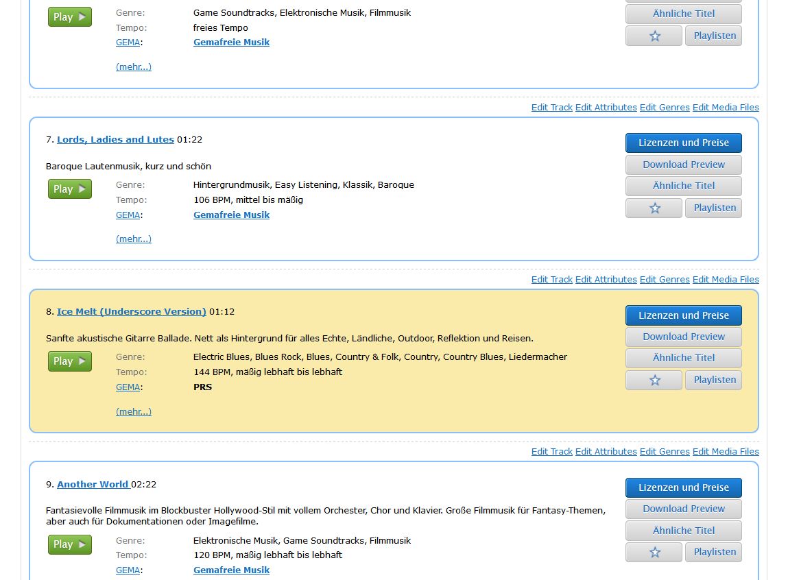 Ist ein Musiktitel weiß unterlegt, so ist er GEMAfrei. Zudem steht dies nochmal in der Beschreibung.