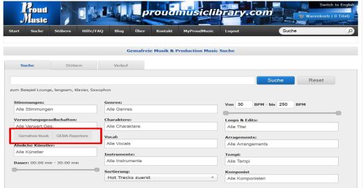 Mit einem Klick nach nach GEMA-freier Musik oder GEMA-Repertoire filtern Suchfilter